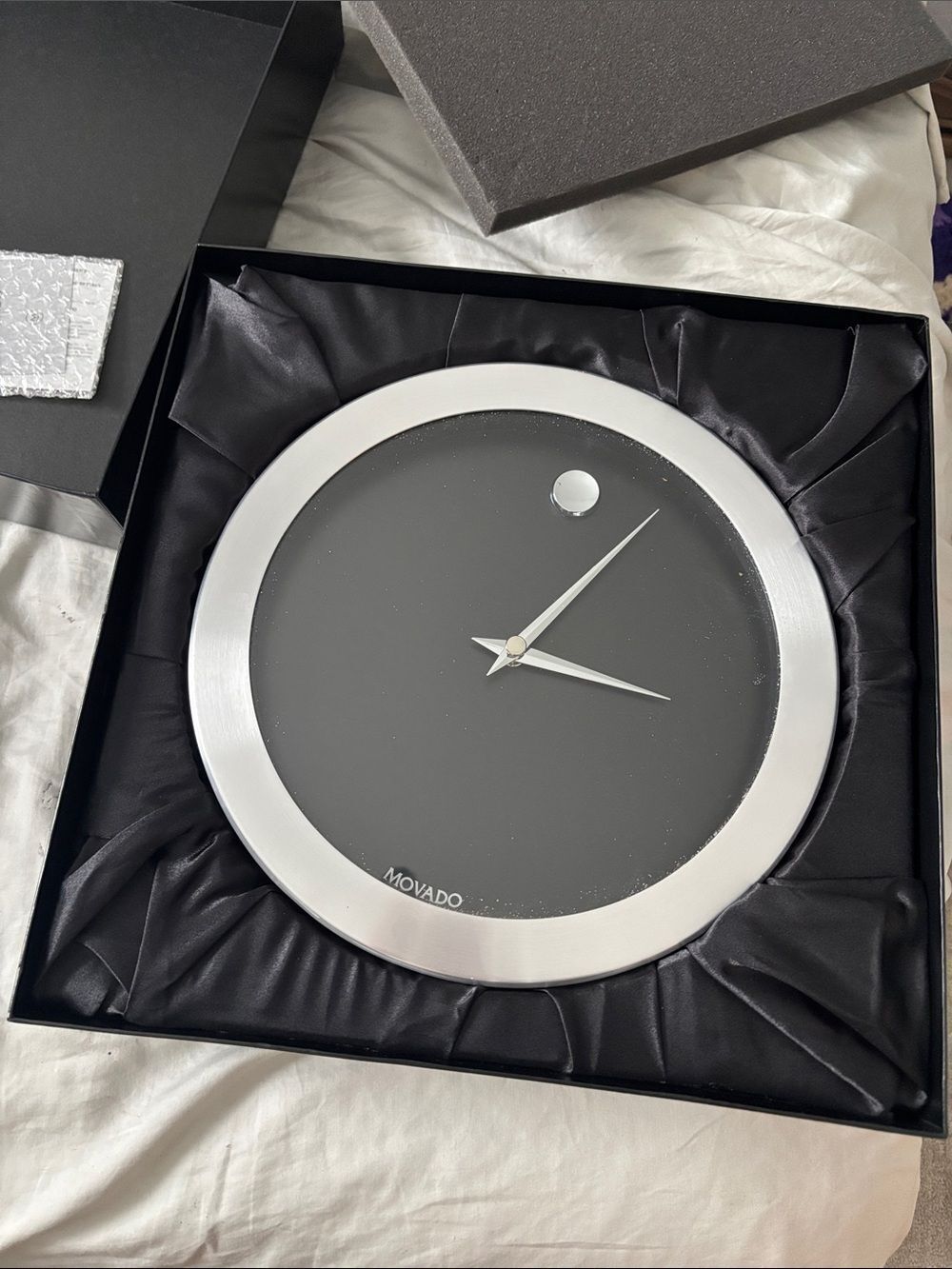Movado Black Dial Wall Clock with Silver Rim original box with padding